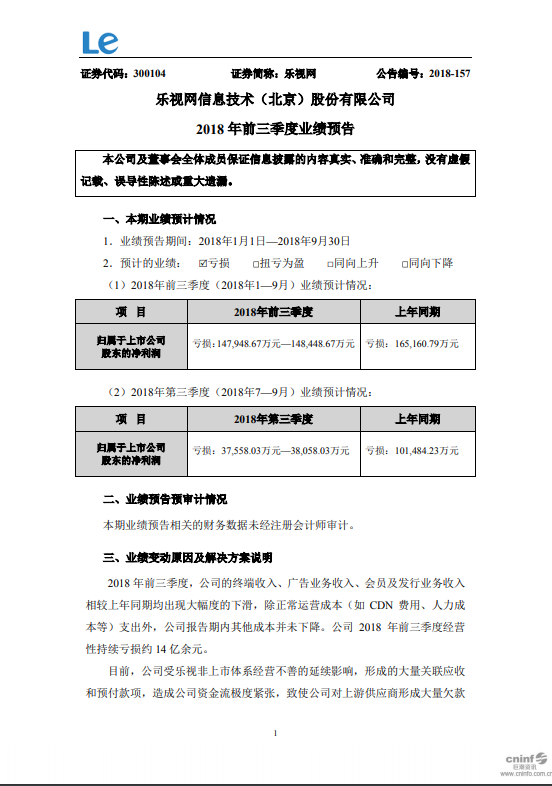 乐视网：预计前三季度亏损14.79亿元-14.84亿元