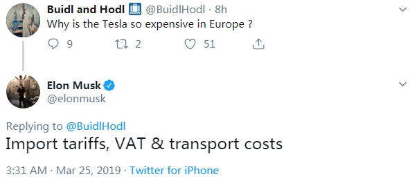 网友问：“为什么特斯拉在欧洲价格那么贵？”马斯克答：“进口关税、增值税和运输成本导致。”