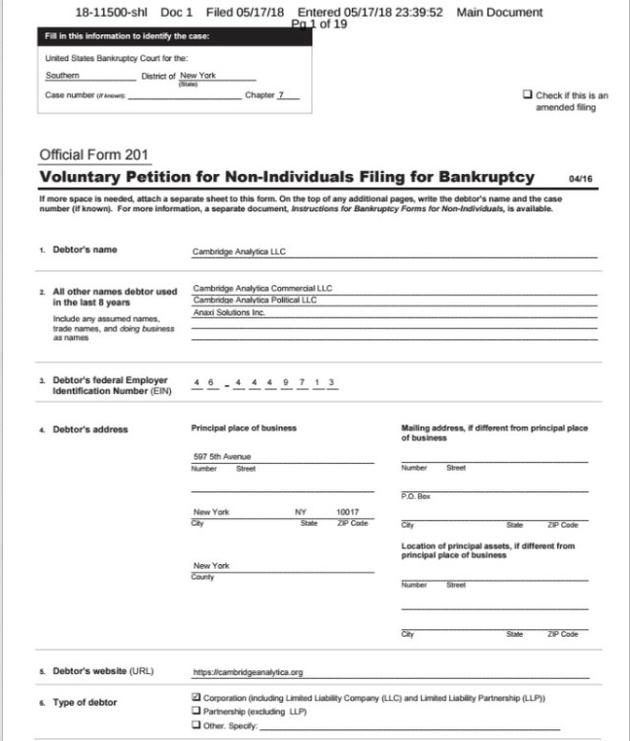剑桥分析在美国提交的破产申请文件