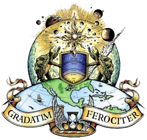 蓝色起源公司的徽标，上面用拉丁文写着：“Gradatim Ferociter”，意为“步步为营，勇往直前”