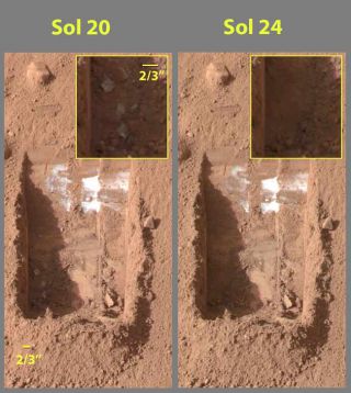 美国宇航局“凤凰号”着陆器在火星高纬度地区用机械臂开挖，很快发现浅地表下白色的水冰物质