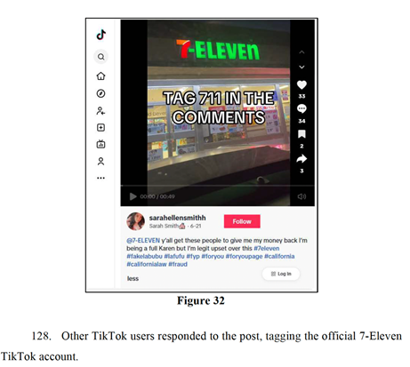 (图:起诉书中引用了一位用户在7-11买到Labubu假货后退货无门的视频链接)