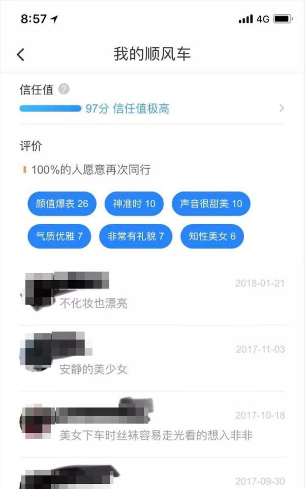 滴滴顺风车司机对乘客的评价。 微信公众号截图