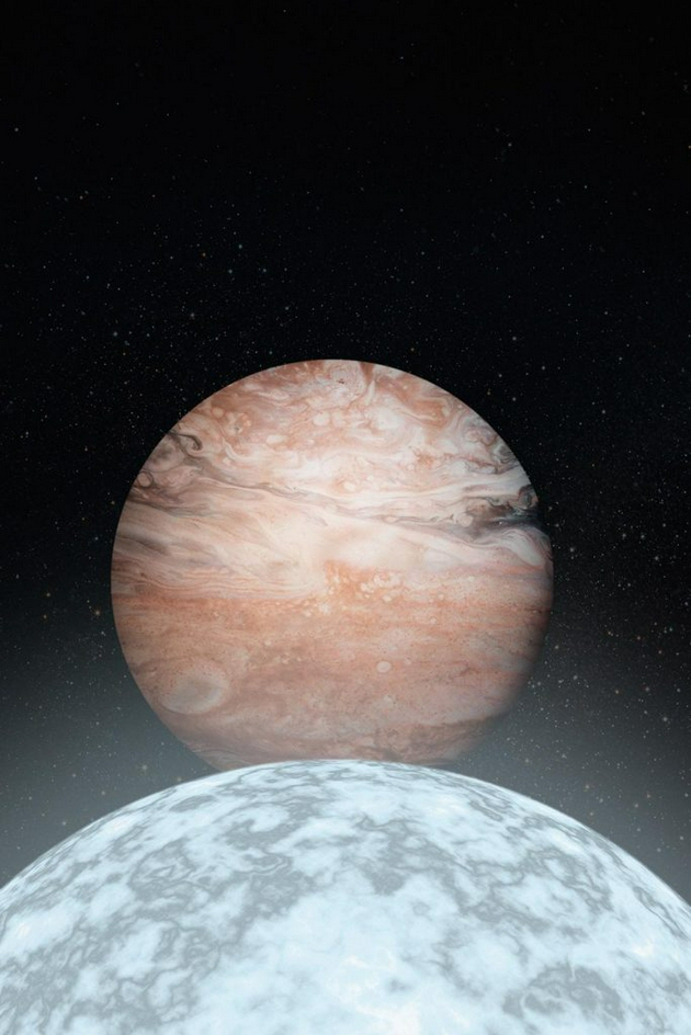艺术家描述类木星行星和它的白矮星宿主,如果人类文明能延续到太阳消亡的时候,理论上人类可以搬到木星的卫星上,安全地生活在木星轨道。然而,一旦我们的太阳坍缩成一颗白矮星,我们就不能依靠主恒星尸体散发的热量。