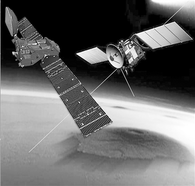 火星微量气体轨道探测器(左)和“火星快车”艺术效果图 图片来源:欧空局