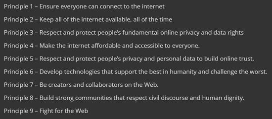 蒂姆·伯纳斯-李在《互联网契约》中提出的九条原则（图片来源：https://contractfortheweb.org）