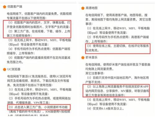 某定向流量卡说是不限流量，但设定了种种要求，用户难以做到不使用套餐外流量。App截图