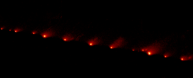 图中的冰冻碎片链（包含21个碎片，未全部展示）属于休梅克-利维9号彗星，长约710000公里，是地球到月球距离的三倍