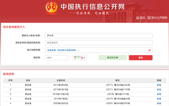 罗永浩已经不在被执行人名单中（以上显示均为重名）图源：中国执行信息公开网