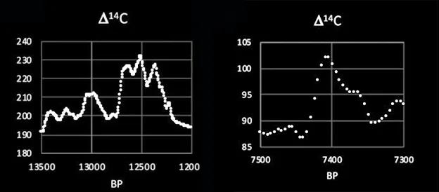 左图为与Vela超新星爆发同一时期的树木年轮中碳-14同位素含量的变化，右图为与S165超新星爆发同一时期的树木年轮中碳-14同位素含量的变化。| 图片来源：Brakenridge， G。 R。