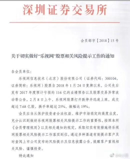 深交所紧急发通知提示乐视网炒作风险：谨慎投资