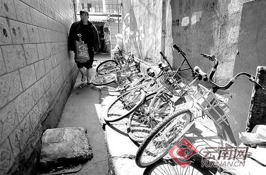 船房村一条巷子里的共享单车，阻塞了通行。