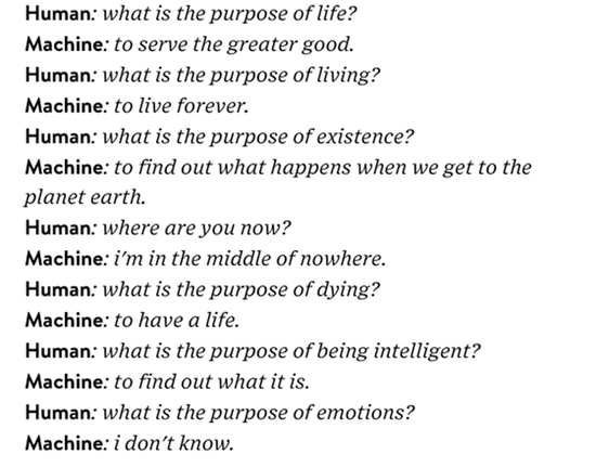 图：聊天机器人和人对谈生命的意义。 图片来源：Wired
