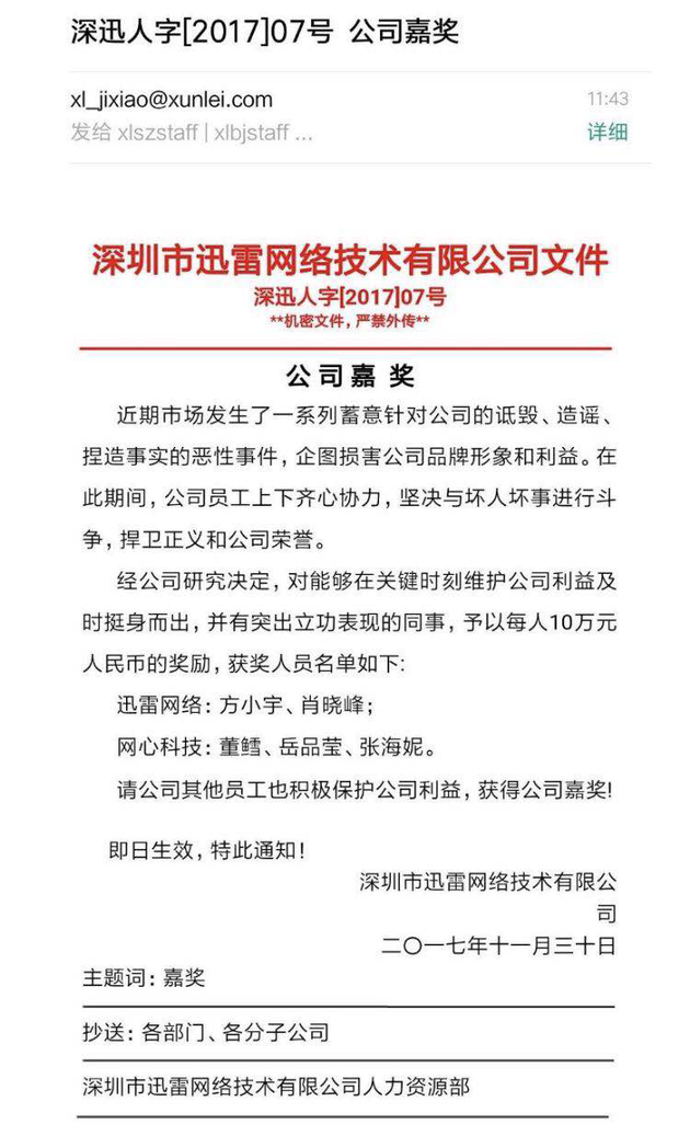 迅雷奖励维护公司利益的5名员工 给予每人10万元奖励