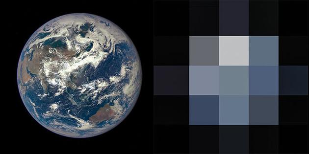 科学家从“深空气候观测台”卫星上获取地球图像,并将这些图像的像素从400万像素降低到只有几个像素,让画面几乎完全无法辨识,然后在这样的图像基础上进行研究,这样做很重要,因为未来系外行星直接成像的效果可能也就与此类似