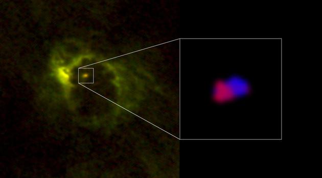 　　左图是ALMA望远镜数据显示，环绕中心超大质量黑洞直径700光年的马蹄状区域分子和离子的喷射物；右图是测量黑洞周围20光年直径多普勒频移现象，红色部分显示远离地球的运动，蓝色部分显示朝向地球的运动。