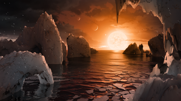 图为艺术家描绘的TRAPPIST-1f地表概念图。这是TRAPPIST-1行星系中的一颗类地行星。