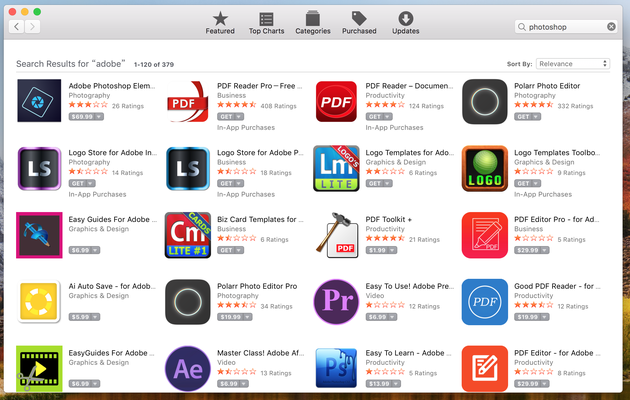 在Mac App Store中搜索Photoshop出如下结果
