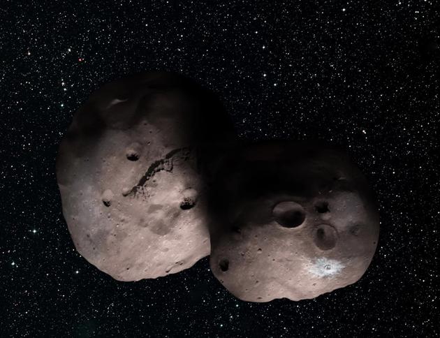 2014 MU69想象图。掩星观测显示，这颗小天体可能拥有至少一颗小卫星