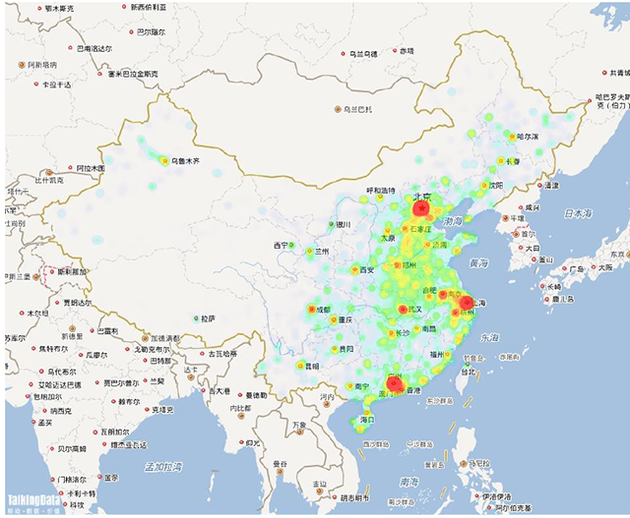 无人货架城市分布热力图（数据来源：TalkingData）