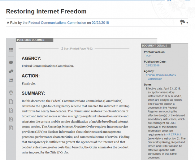 美联邦公报公布FCC新规 网络中立正式废除倒计时开始