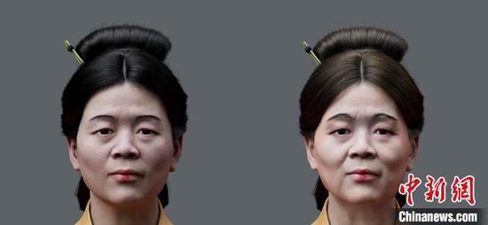 5月18日，湖南博物院首次公開發佈「辛追夫人」3D數字人形象，分別為年齡約35歲的全身坐姿版和50歲左右的頭部形象。圖為「辛追夫人」約35歲（左）和50歲左右的頭部形象對比。（湖南博物院供圖）