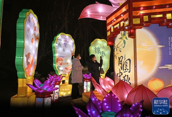 ↑游客在中华石园新春民俗灯会赏灯游玩（1月26日摄）。