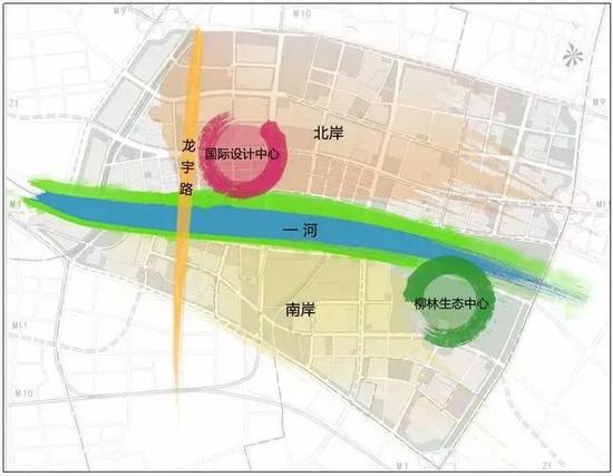 (海河柳林地区规划定位为天津“设计之都”核心区、现代服务业高地,将形成“一河两岸、一路两心”布局,“一河”为海河,“两岸”为海河南北两岸,“一路”为规划中设计产业资源集中的龙宇路,“两心”分别为国际设计中心和柳林生态中心。)