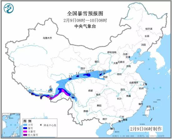 △全国暴雪预报图（2月9日08时至10日08时）