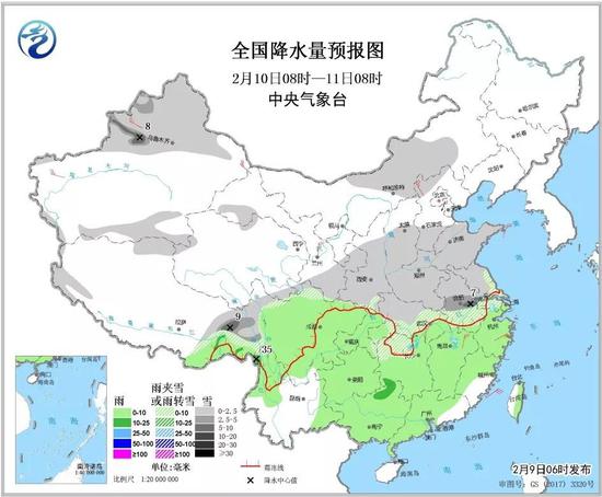 △全国降水量预报图（2月10日08时-11日08时）