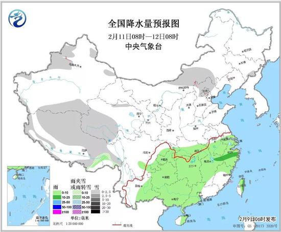 △全国降水量预报图（2月11日08时-12日08时）