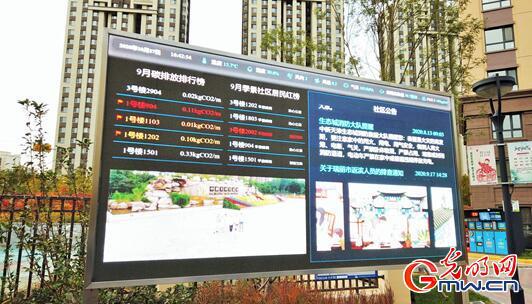 图为“吉宝·季景峰阁”小区内的一处智能显示屏,实时显示小区内各户碳排放量。
