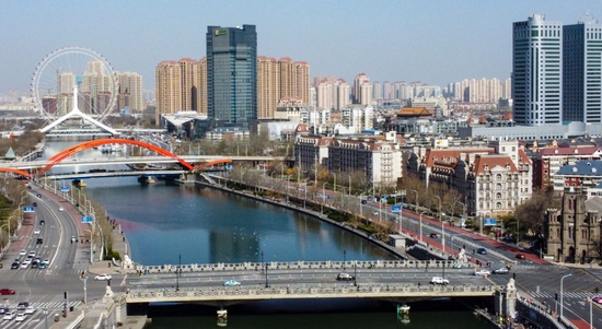 ↑天津海河上的多座桥梁。