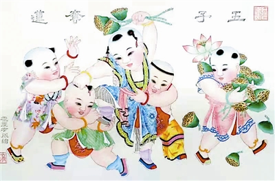 图⑥杨柳青年画:五子夺莲