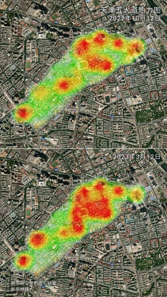 手机信令数据时空分布图显示，天津五大道商圈的人流密度明显提升。