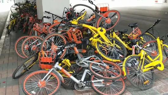 十一经路立交桥下共享单车乱扔堆积如山 警报