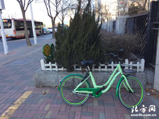 市民拍摄停于路边的共享单车
