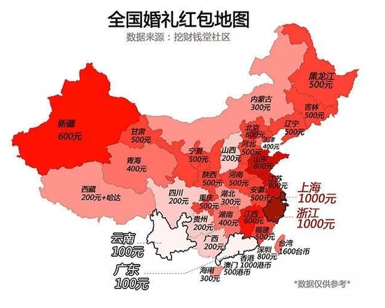 婚礼红包地图:浙江上海人均上千 天津只需四百