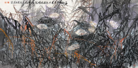 一池秋鸭君不见 只为满目幛云烟 纸本设色124cm×248cm2013年