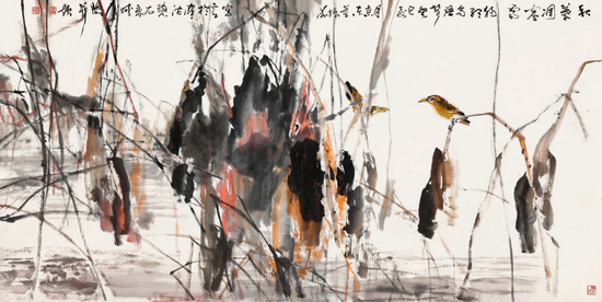 秋叶凋零处 独听鸟语声 纸本设色 200cm×400cm 2013年