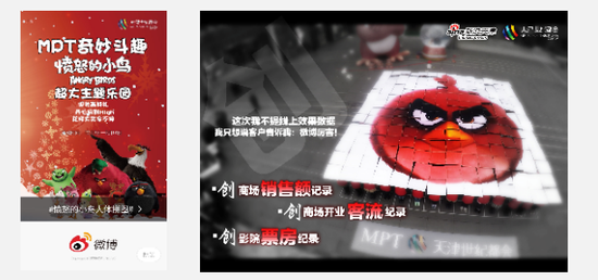 天津世纪都会:愤怒的小鸟人体拼图,打造本地热门事件,在本地引起强烈热议。活动上线2天话题阅读量达到370万,成功引爆本地热门话题。线下打破商城开业客流纪录,打破销售额纪录,打破影城当日票房纪录。