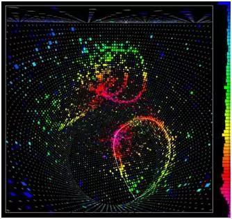 一个可能决定宇宙命运的问题:质子会衰变吗? 多个粒子在超级神冈探测器中产生的多个切伦科夫环。 图片来源:UC Irvine
