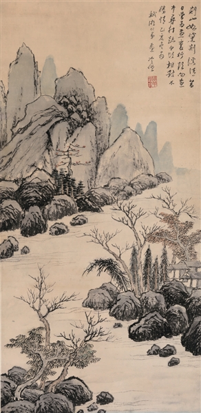 剡山如黛图 63.8cmX31cm 剡山如黛剡溪清，昔日曾为画里行。欲向画中寻往迹，白头相对不胜情。乙亥冬 为轼游仁弟 画 冷僧 钤印：宗祥