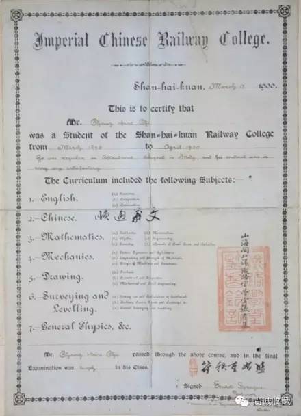 “中华帝国铁路学院”毕业文凭