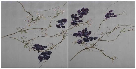 鸢尾梨花 Feuilles d'argent 布面银箔油画 Huile sur toile, feuille d'argent 125x250 cm 2015