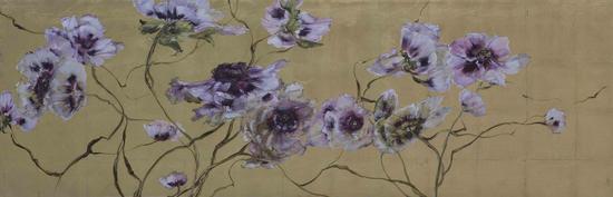 牡丹 2Pivoines 2 布面金箔油画Huile sur toile, feuille d'or 65x200 cm 2015