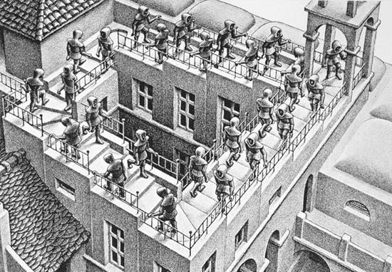 艾雪(Maurits Cornelis Escher, 1898-1972)〈上下階梯〉(Ascending and Descending, 1960)。