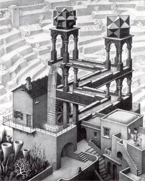 艾雪(Maurits Cornelis Escher, 1898-1972)〈瀑布〉(Waterfall, 1961)