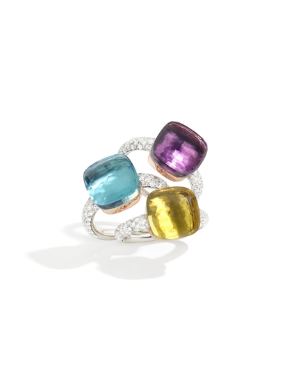 Nudo系列戒指 白金和玫瑰金镶紫晶和钻石、蓝色托帕石和钻石、柠檬晶和钻石 售价RMB 45,400