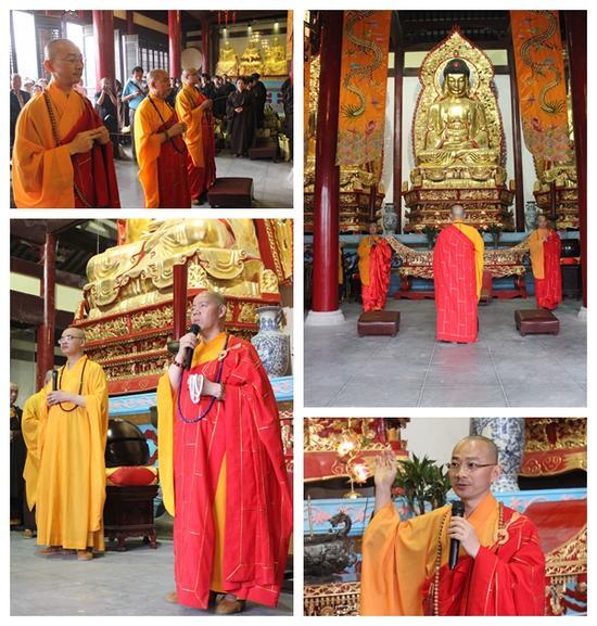 在泰山寺三位法师在为学员开示拖钵乞食的功德意义